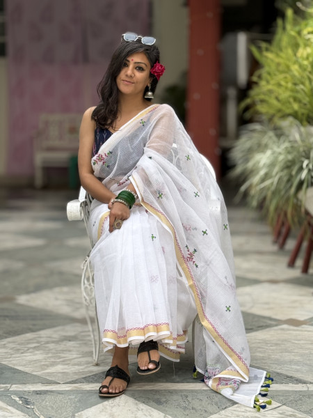 WHITE KOTA COTTON HAND EMBROIDERED SARI