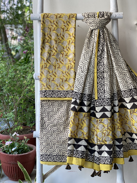 YELLOW & BEIGE HAND BLOCK PRINT MUL COTTON DUPATTA SET