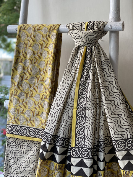 YELLOW & BEIGE HAND BLOCK PRINT MUL COTTON DUPATTA SET