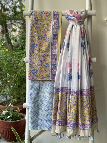YELLOW & OFF WHITE HAND BLOCK PRINT MUL COTTON DUPATTA SET
