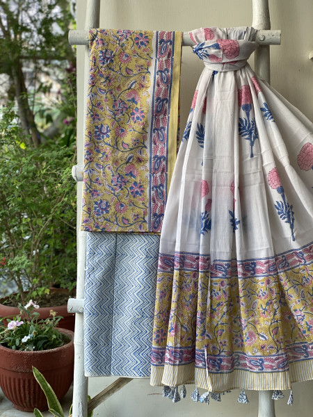 YELLOW & OFF WHITE HAND BLOCK PRINT MUL COTTON DUPATTA SET