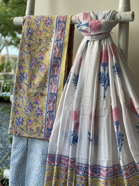 YELLOW & OFF WHITE HAND BLOCK PRINT MUL COTTON DUPATTA SET