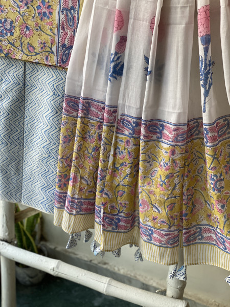 YELLOW & OFF WHITE HAND BLOCK PRINT MUL COTTON DUPATTA SET