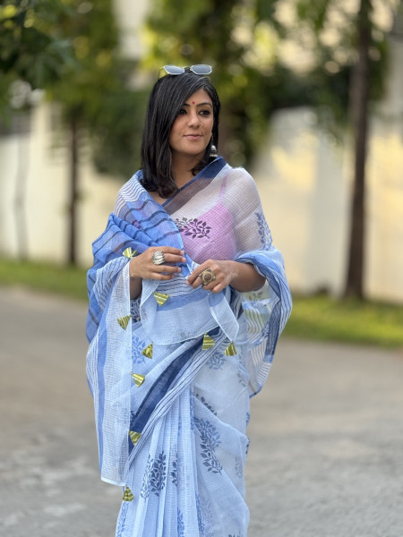 ICE BLUE HAND BLOCK PRINT COTTON KOTA SARI