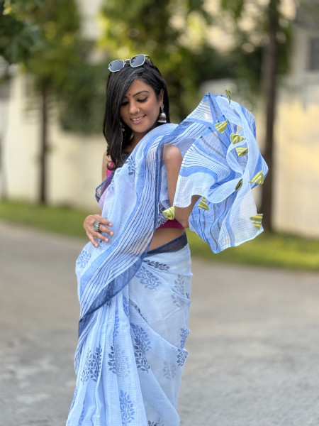ICE BLUE HAND BLOCK PRINT COTTON KOTA SARI