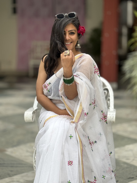 WHITE KOTA COTTON HAND EMBROIDERED SARI