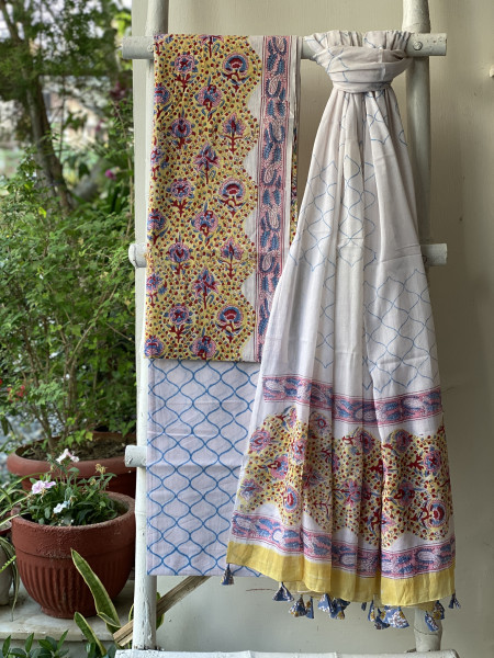 YELLOW & OFF WHITE HAND BLOCK PRINT MUL COTTON DUPATTA SET