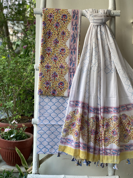 YELLOW & OFF WHITE HAND BLOCK PRINT MUL COTTON DUPATTA SET