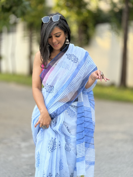 ICE BLUE HAND BLOCK PRINT COTTON KOTA SARI