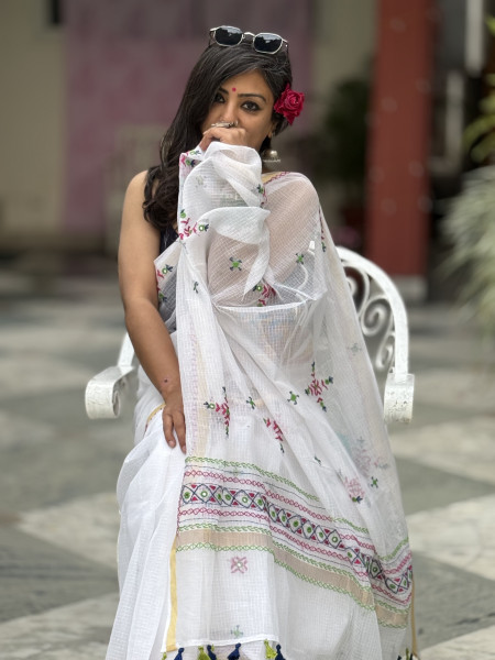 WHITE KOTA COTTON HAND EMBROIDERED SARI