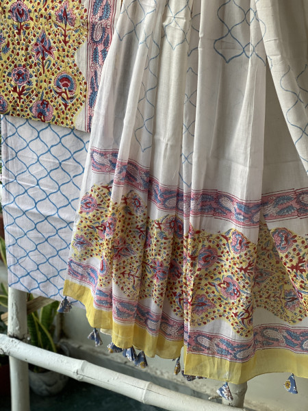 YELLOW & OFF WHITE HAND BLOCK PRINT MUL COTTON DUPATTA SET