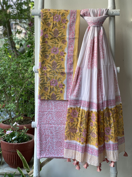YELLOW & OFF WHITE HAND BLOCK PRINT MUL COTTON DUPATTA SET