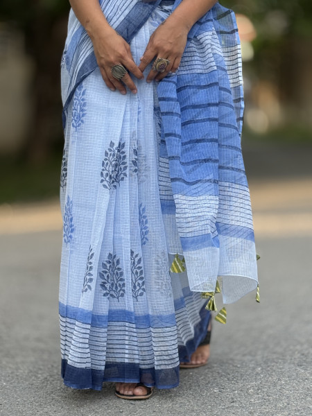 ICE BLUE HAND BLOCK PRINT COTTON KOTA SARI