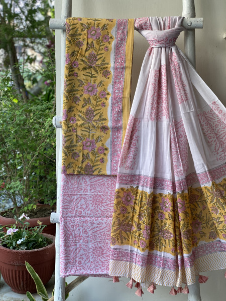 YELLOW & OFF WHITE HAND BLOCK PRINT MUL COTTON DUPATTA SET