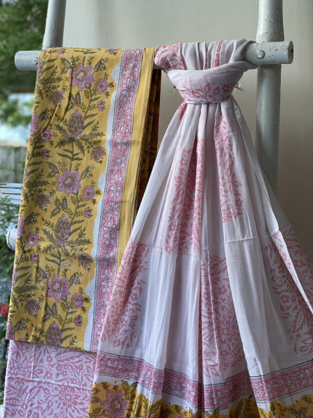 YELLOW & OFF WHITE HAND BLOCK PRINT MUL COTTON DUPATTA SET