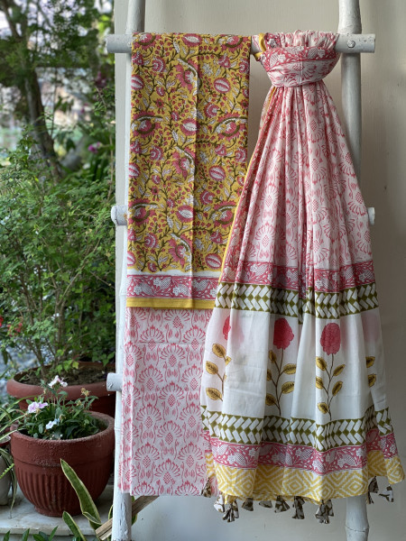 YELLOW & OFF WHITE HAND BLOCK PRINT MUL COTTON DUPATTA SET