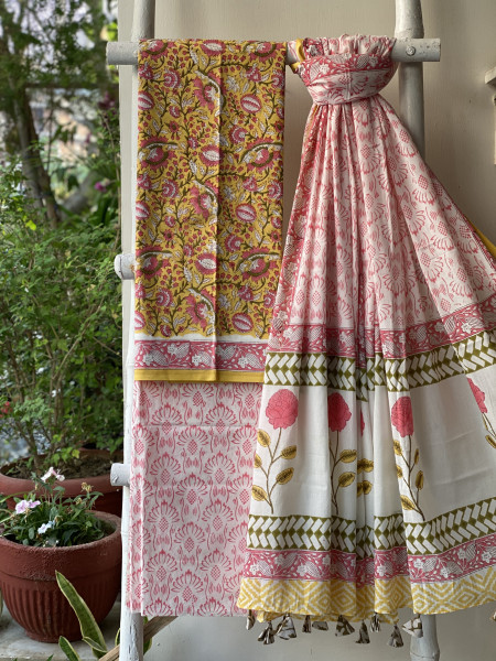 YELLOW & OFF WHITE HAND BLOCK PRINT MUL COTTON DUPATTA SET