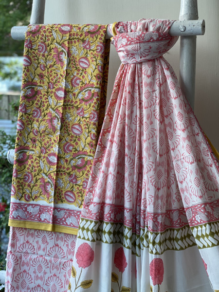 YELLOW & OFF WHITE HAND BLOCK PRINT MUL COTTON DUPATTA SET