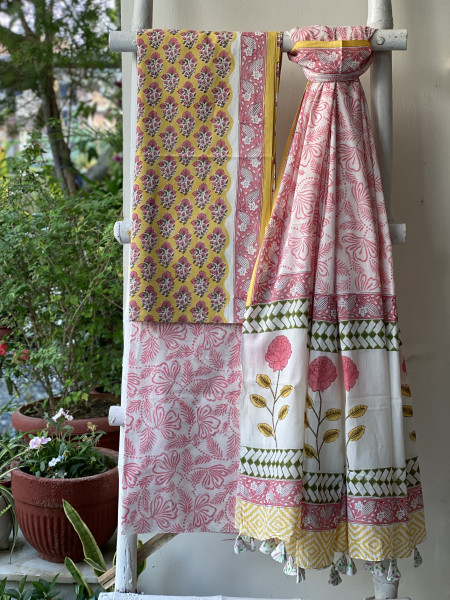 YELLOW & OFF WHITE HAND BLOCK PRINT MUL COTTON DUPATTA SET