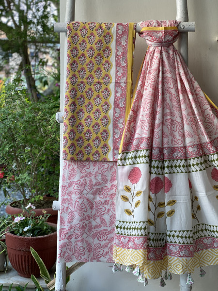 YELLOW & OFF WHITE HAND BLOCK PRINT MUL COTTON DUPATTA SET