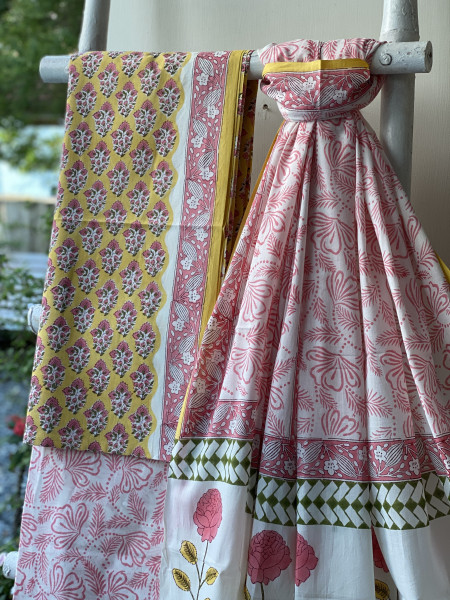 YELLOW & OFF WHITE HAND BLOCK PRINT MUL COTTON DUPATTA SET