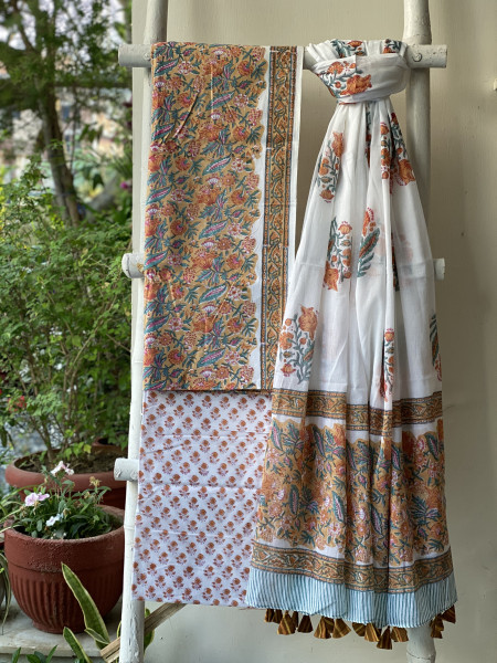 YELLOW & OFF WHITE HAND BLOCK PRINT MUL COTTON DUPATTA SET