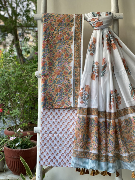 YELLOW & OFF WHITE HAND BLOCK PRINT MUL COTTON DUPATTA SET