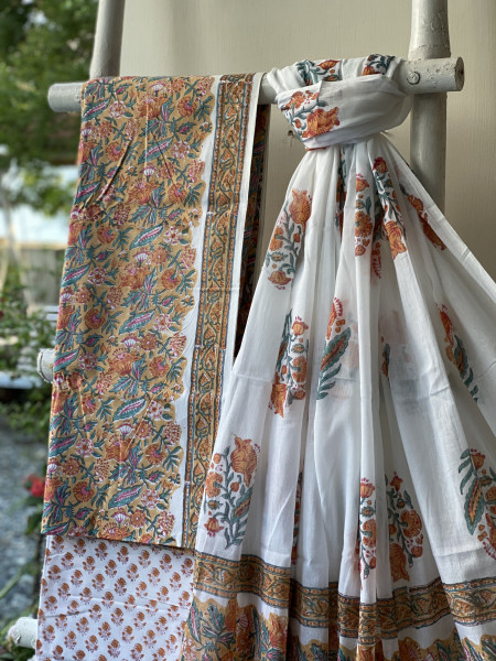 YELLOW & OFF WHITE HAND BLOCK PRINT MUL COTTON DUPATTA SET