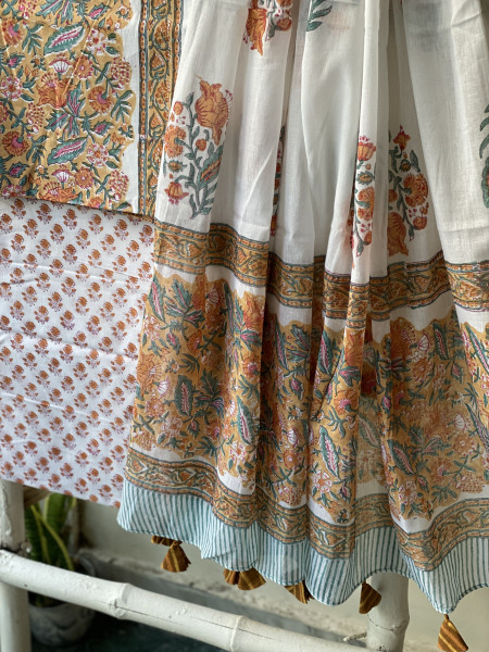 YELLOW & OFF WHITE HAND BLOCK PRINT MUL COTTON DUPATTA SET