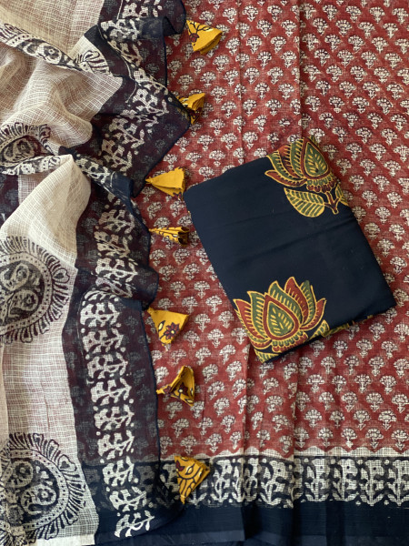 MAROON-BLACK HAND BLOCK PRINT COTTON KOTA SARI