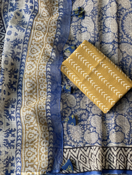 INDIGO-BEIGE HAND BLOCK PRINT COTTON KOTA SARI