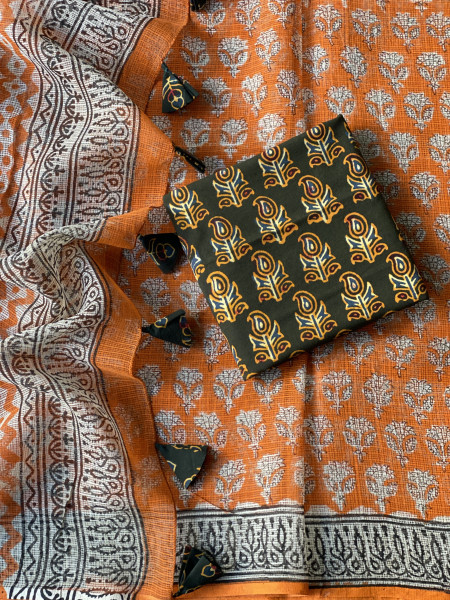 ORANGE HAND BLOCK PRINT COTTON KOTA SARI