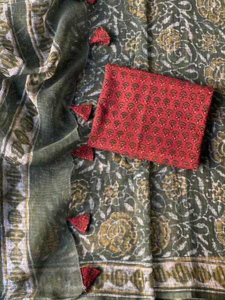 GREEN HAND BLOCK PRINT COTTON KOTA SARI