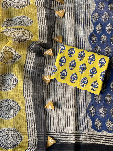INDIGO-BEIGE HAND BLOCK PRINT COTTON KOTA SARI
