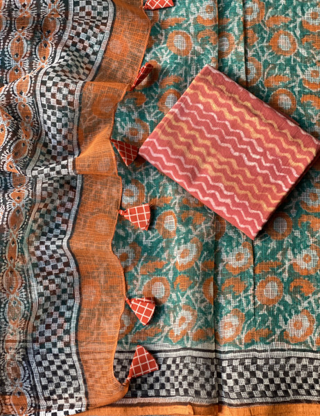 ORANGE-GREEN HAND BLOCK PRINT COTTON KOTA SARI