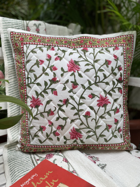 OFF WHITE HAND Block Print Cotton Quilted Cushion Cover