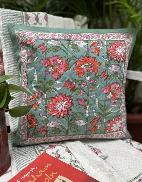 GREEN HAND Block Print Cotton Quilted Cushion Cover