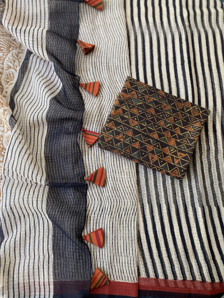 BEIGE-BLACK HAND BLOCK PRINT COTTON KOTA SARI