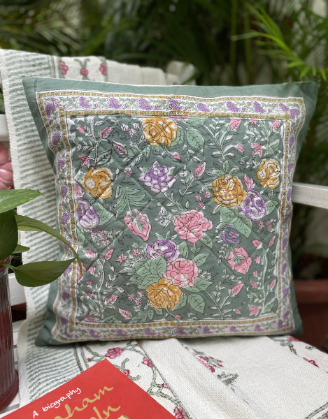MOSS GREEN HAND Block Print Cotton Quilted Cushion Cover