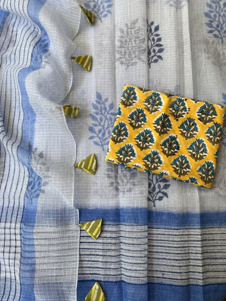 ICE BLUE HAND BLOCK PRINT COTTON KOTA SARI