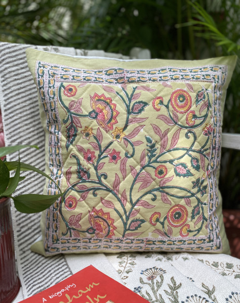 LIME GREEN HAND Block Print Cotton Quilted Cushion Cover