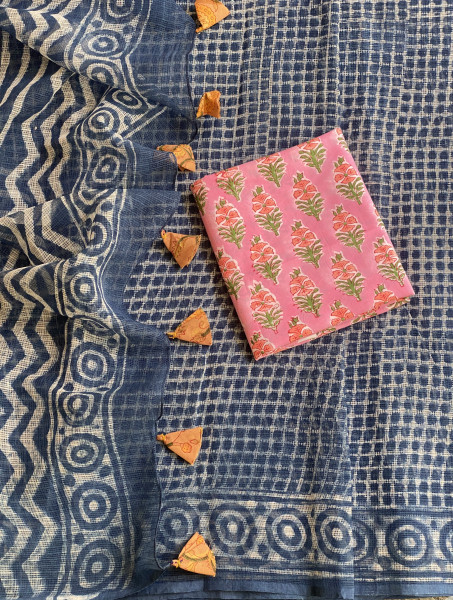 INDIGO HAND BLOCK PRINT COTTON KOTA SARI