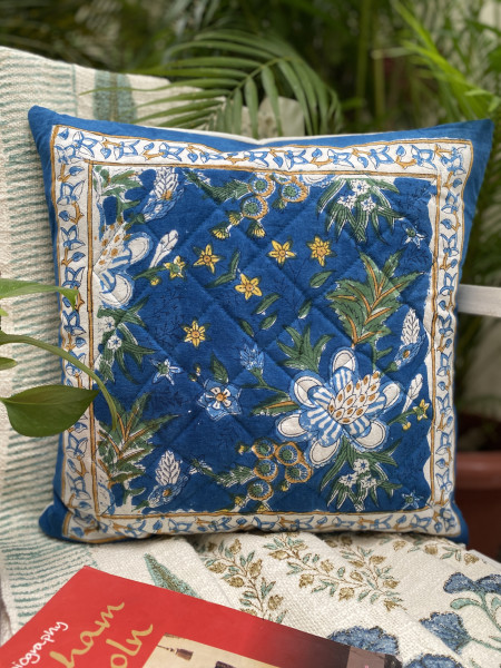 BLUE HAND Block Print Cotton Quilted Cushion Cover