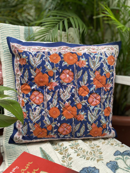 NAVY BLUE HAND Block Print Cotton Quilted Cushion Cover