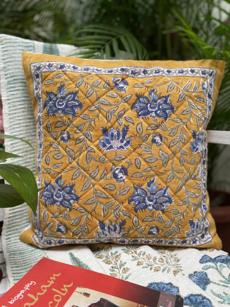 MUSTARD HAND Block Print Cotton Quilted Cushion Cover