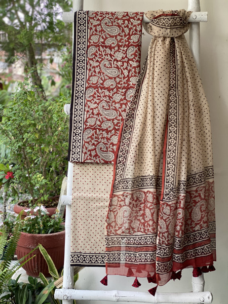 MAROON-BEIGE COTTON HANDBLOCK PRINT KOTA DUPATTA SET
