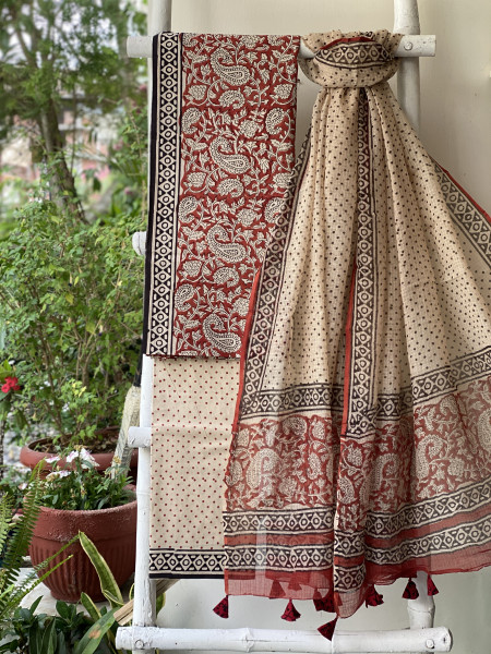 MAROON-BEIGE COTTON HANDBLOCK PRINT KOTA DUPATTA SET