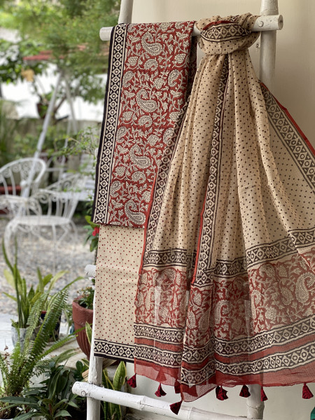 MAROON-BEIGE COTTON HANDBLOCK PRINT KOTA DUPATTA SET