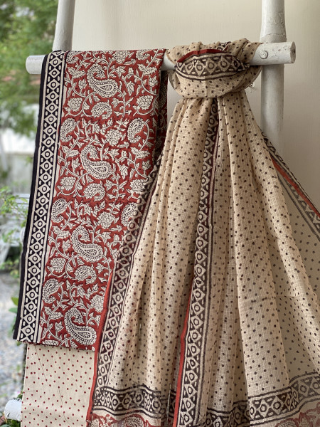 MAROON-BEIGE COTTON HANDBLOCK PRINT KOTA DUPATTA SET