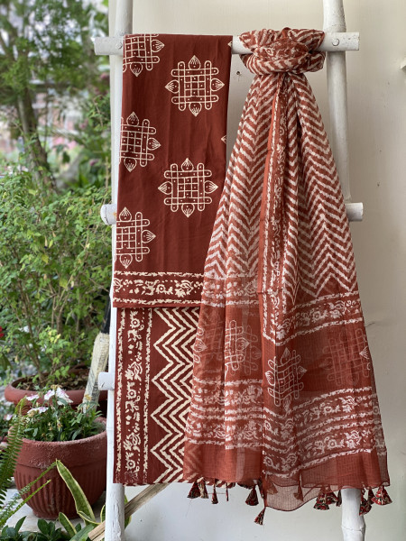 RUST-MAROON COTTON HANDBLOCK PRINT KOTA DUPATTA SET